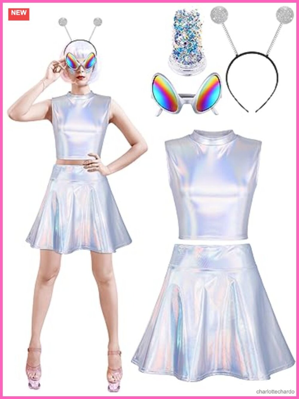 Alien Halloween Costume Women Cosplay Set Crop Top Skirt Headband Glasses